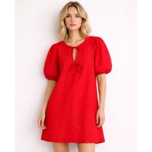 H&M Red Linen Blend Tie-Front Mini Dress Puff Sleeve Cottagecore Size XXL